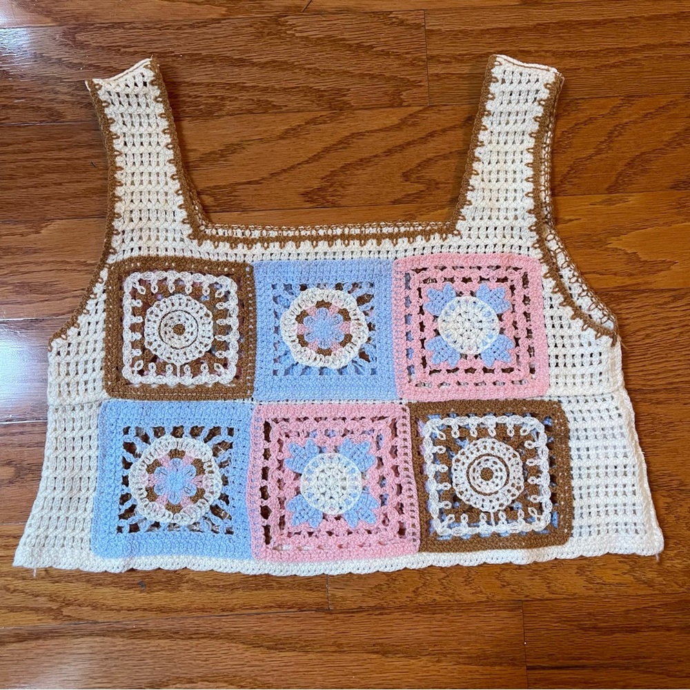 Adora womans crochet crop top in pink blue brown & ivory one size fits all.